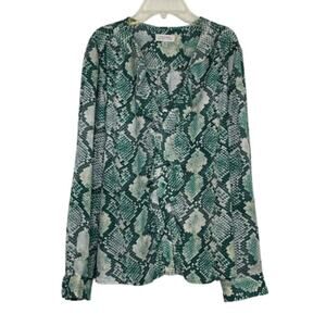 Tahari green snake skin pattern button down ruffle neckline blouse top size XL